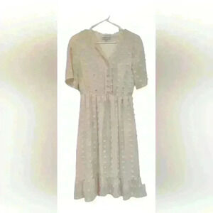 Cream Midi Sundress with V-Neck and Mandarin Collar